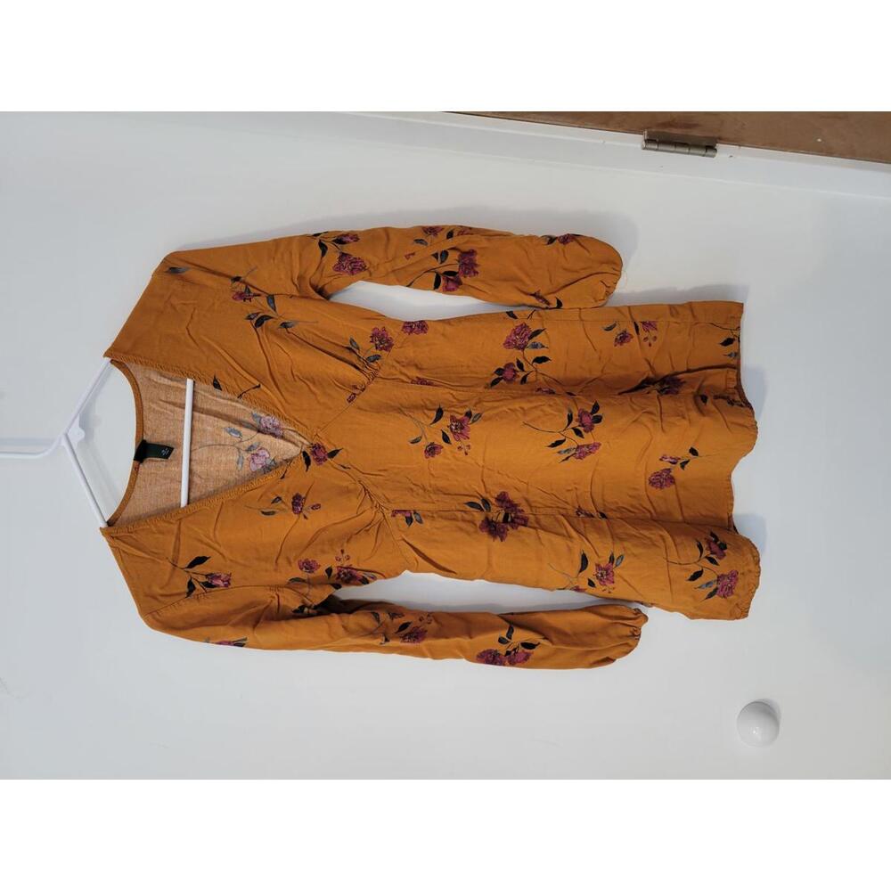 Mustard Yellow Floral Long Sleeve Rayon Dress